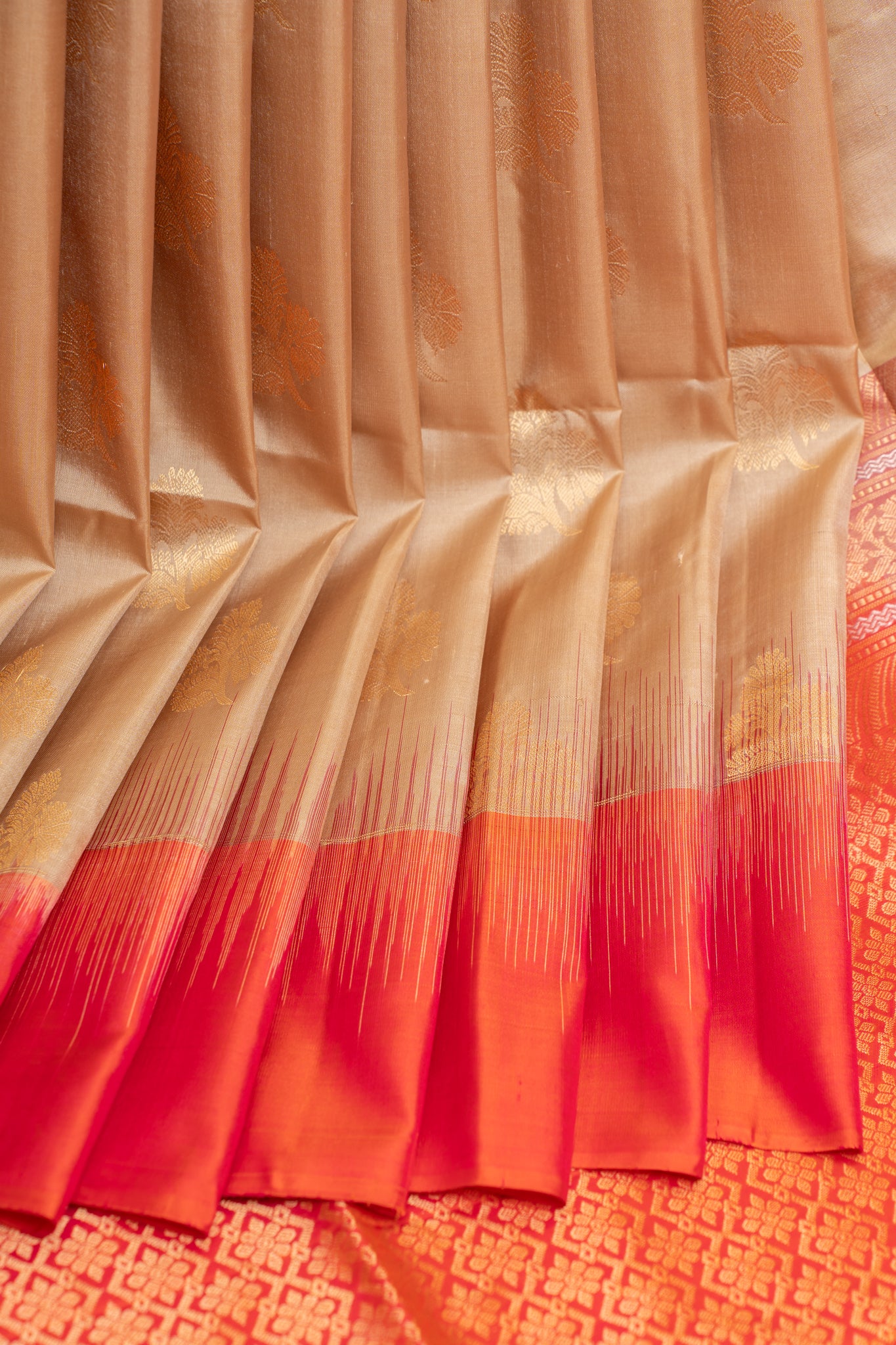 Beige and peach tie and dye pure soft silk saree