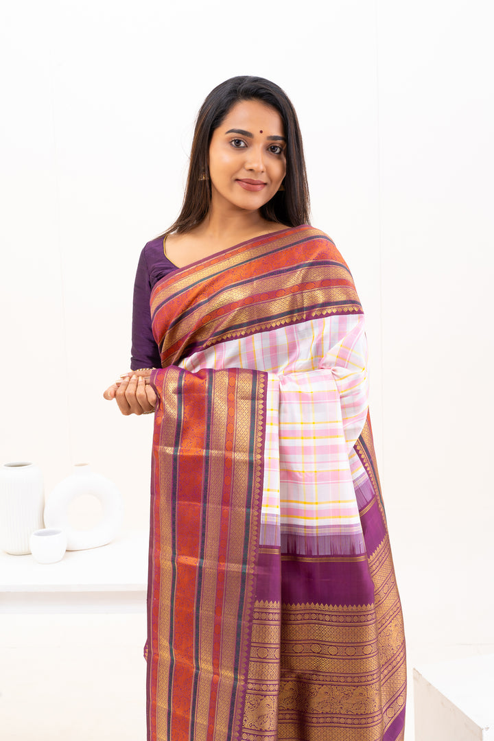 Pastel Checks Varisaipettu Pure Zari Kanchipuram Silk Saree - Clio Silks