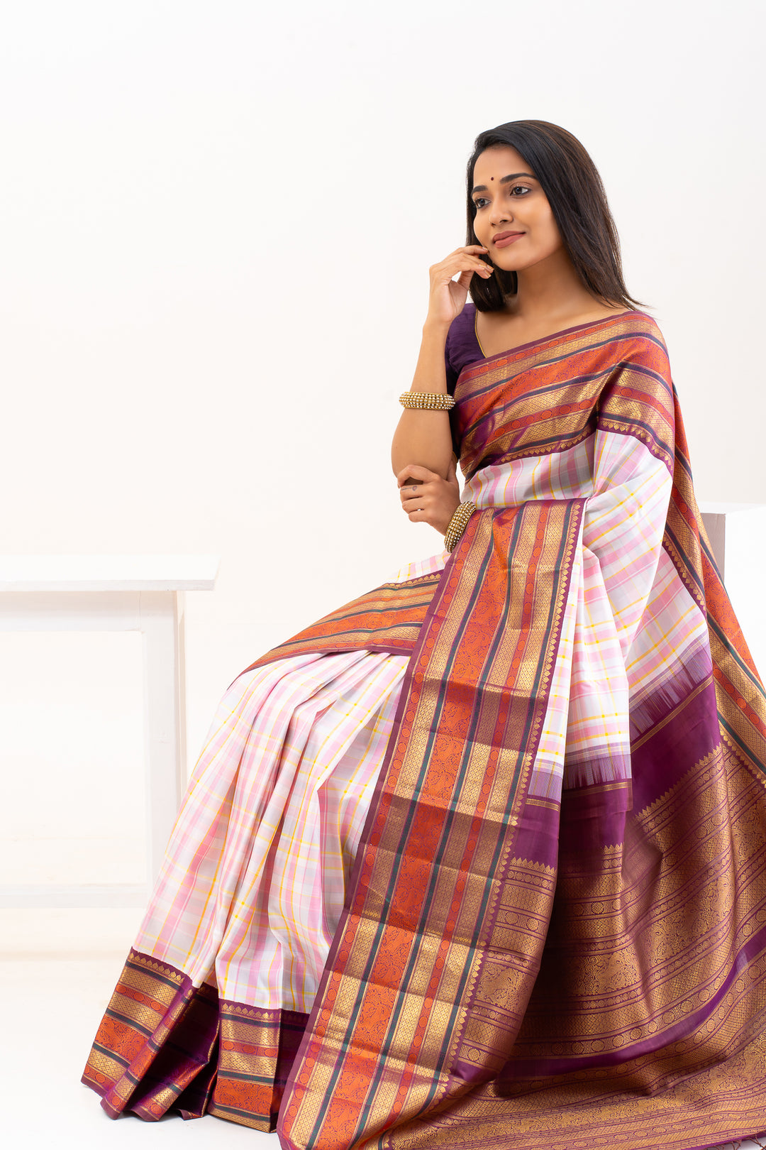 Pastel Checks Varisaipettu Pure Zari Kanchipuram Silk Saree - Clio Silks