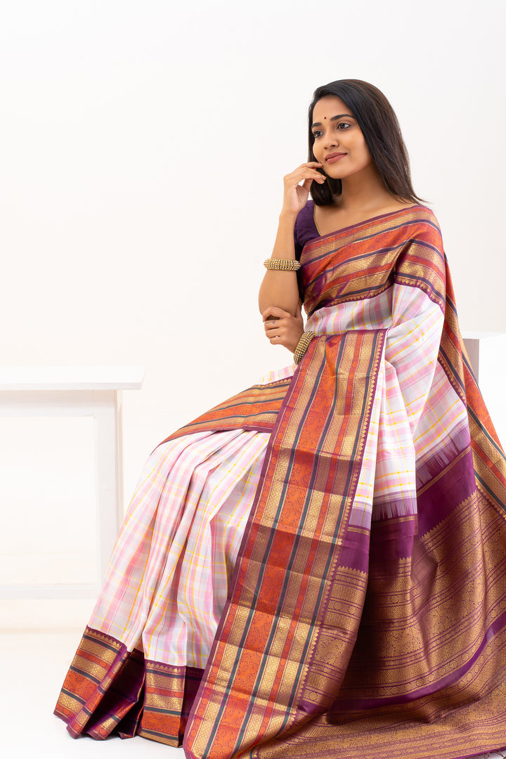 Pastel Checks Varisaipettu Pure Zari Kanchipuram Silk Saree - Clio Silks