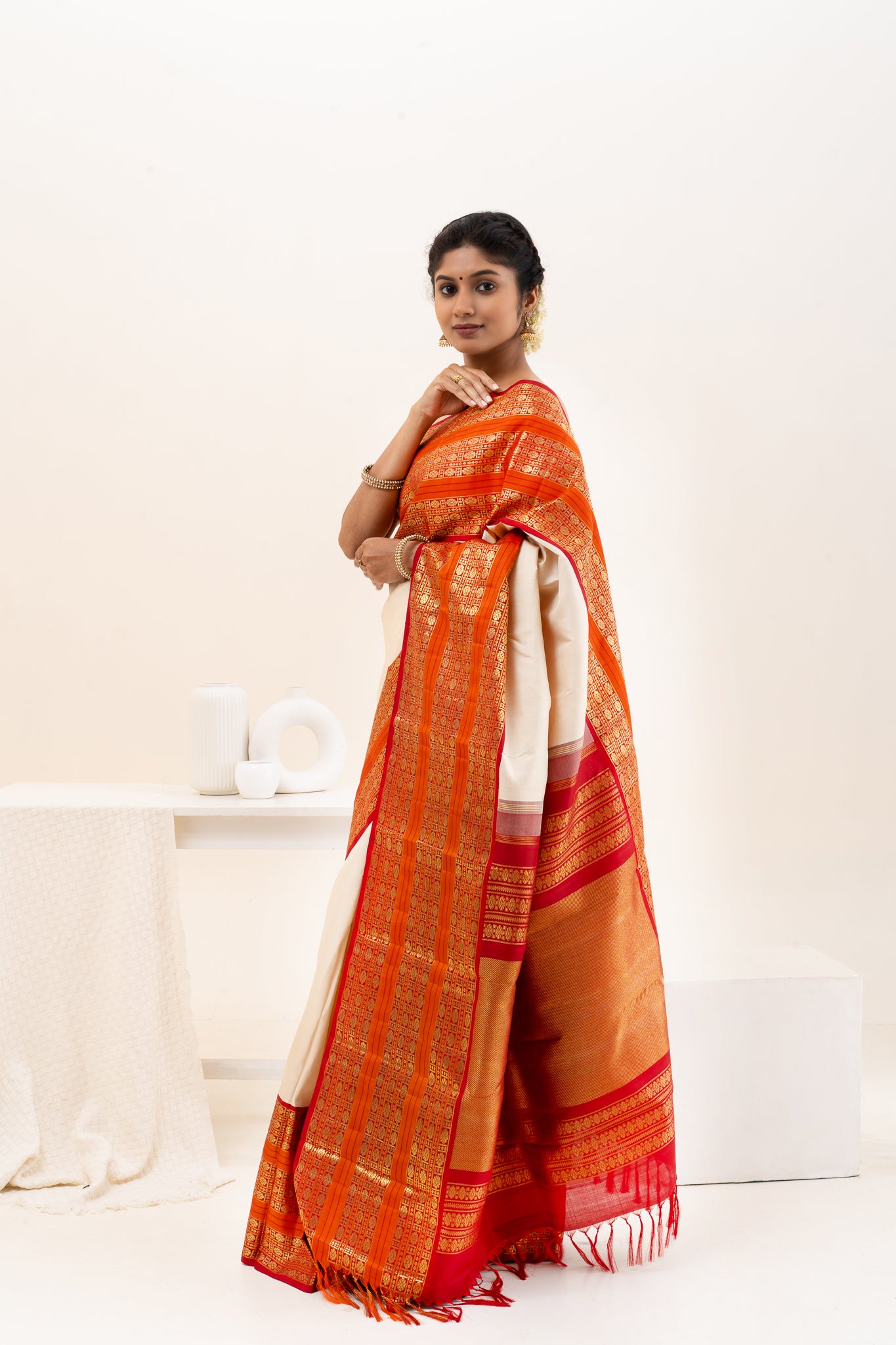 Champagne Cream and Rust Orange Pure Kanchipuram Silk Saree - Clio Silks