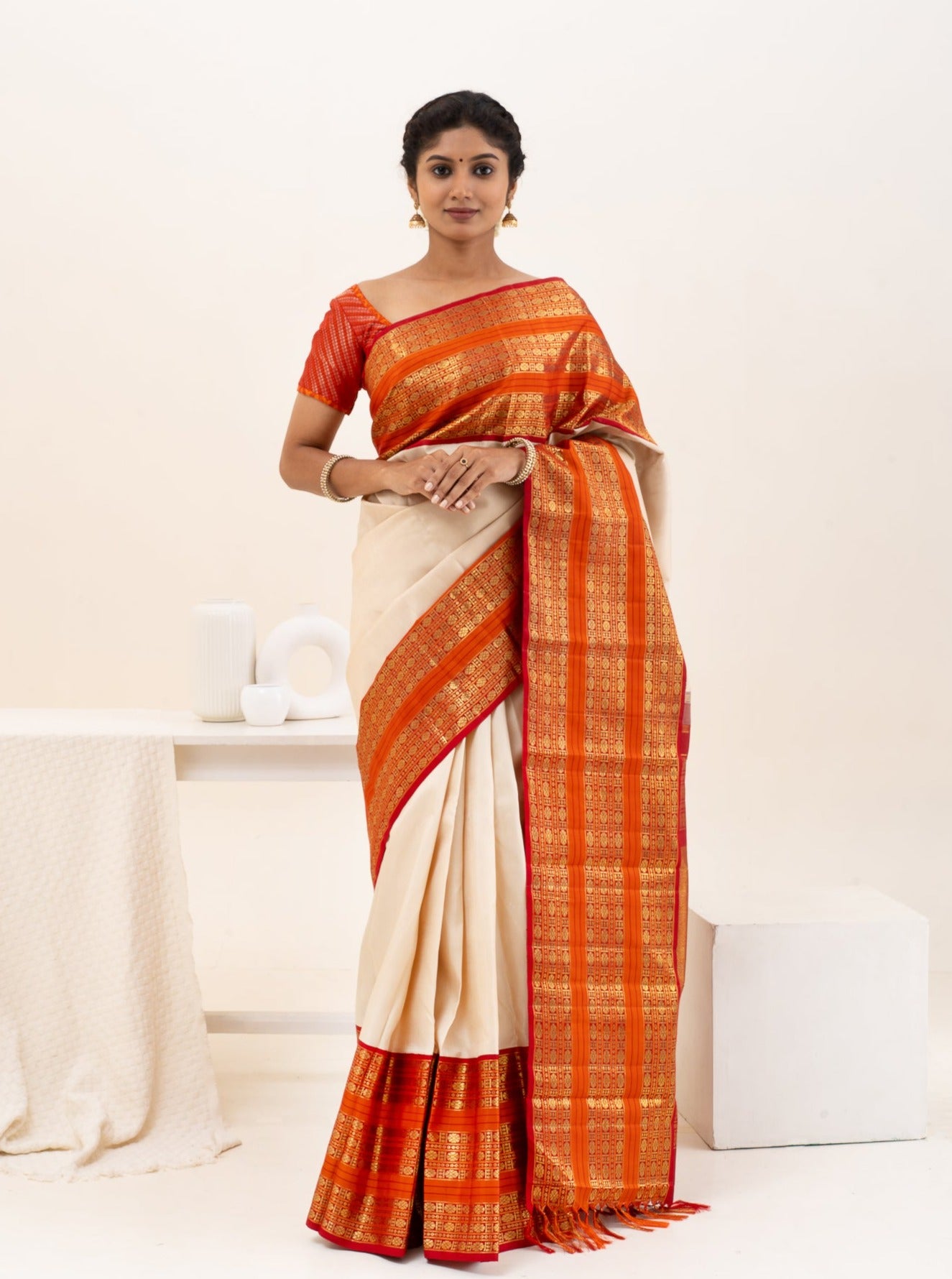 Champagne Cream and Rust Orange Pure Kanchipuram Silk Saree - Clio Silks