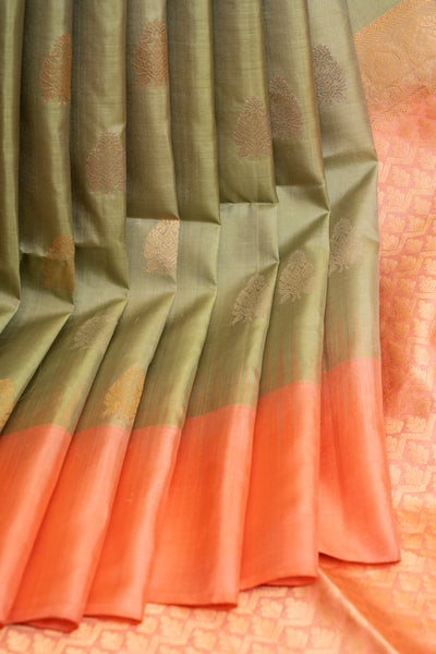 Elaichi green and peach tie and dye pure soft silk saree