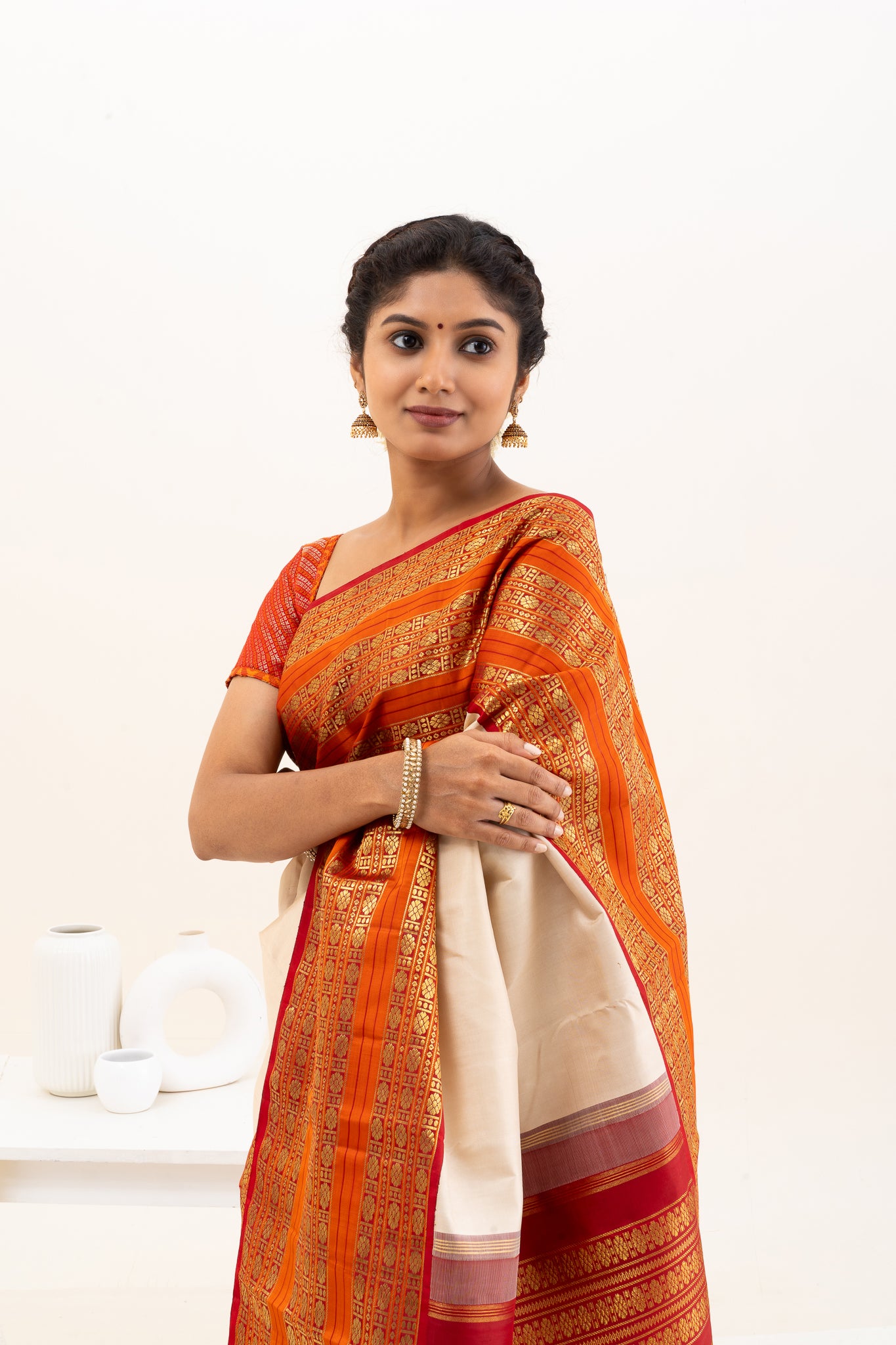 Champagne Cream and Rust Orange Pure Kanchipuram Silk Saree - Clio Silks