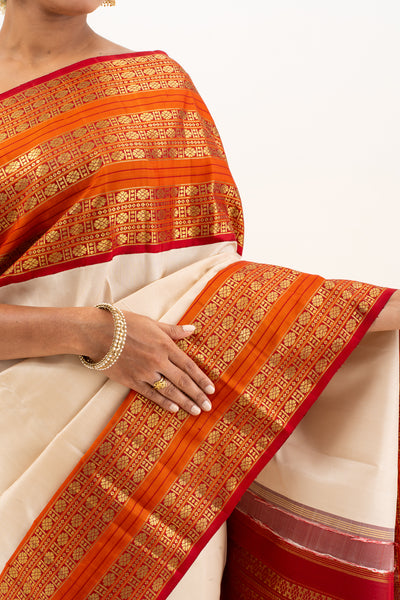 Champagne Cream and Rust Orange Pure Kanchipuram Silk Saree - Clio Silks