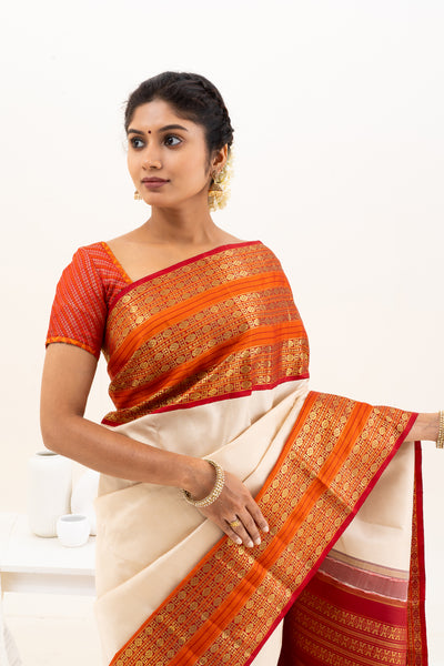 Champagne Cream and Rust Orange Pure Kanchipuram Silk Saree - Clio Silks