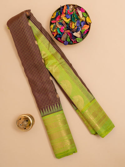 Brown and green checks pure Gadwal silk saree