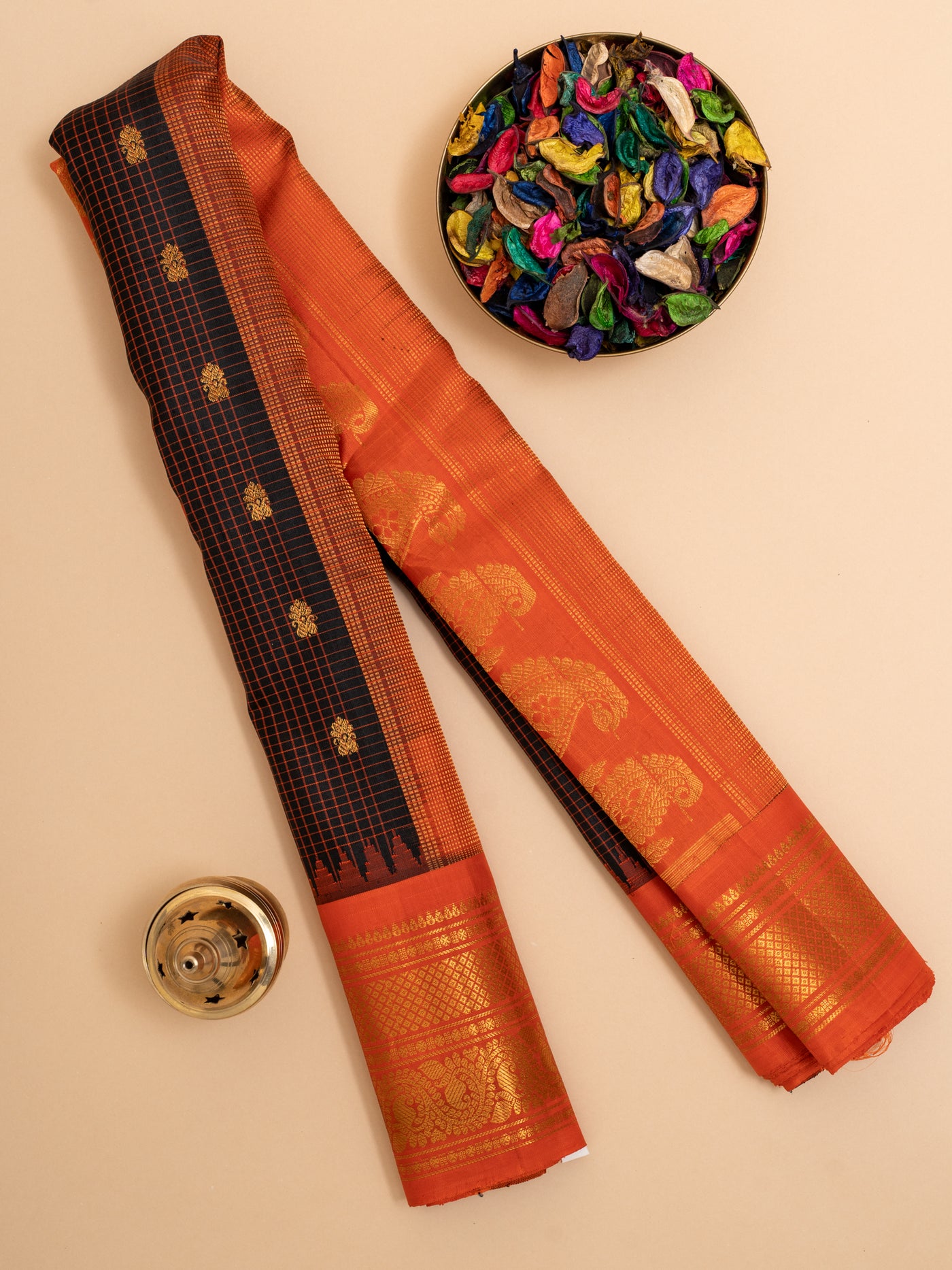 Navy blue and orange pure Gadwal silk saree