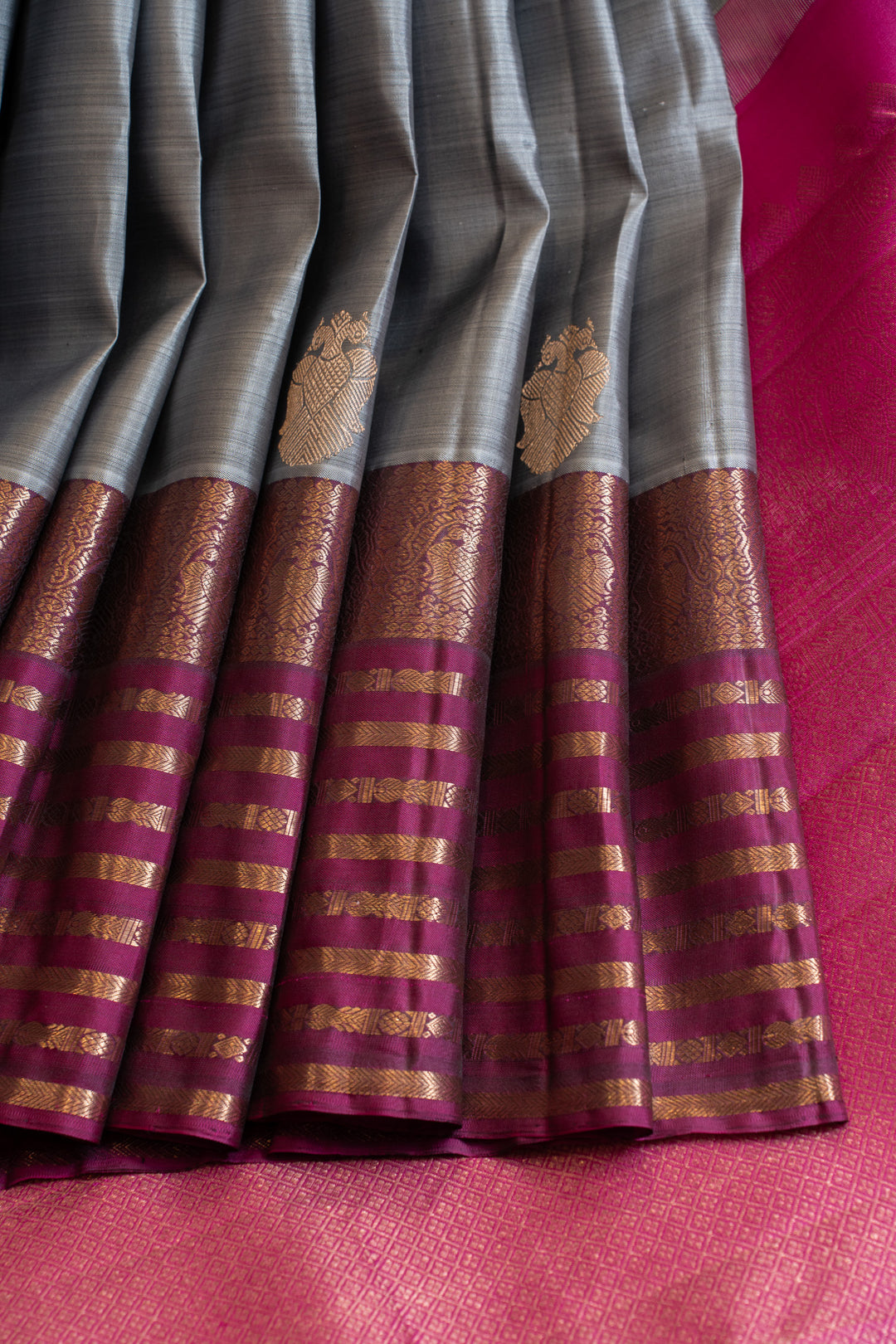 Grey and purple iruthalaipakshi pure Kanchipuram silk saree
