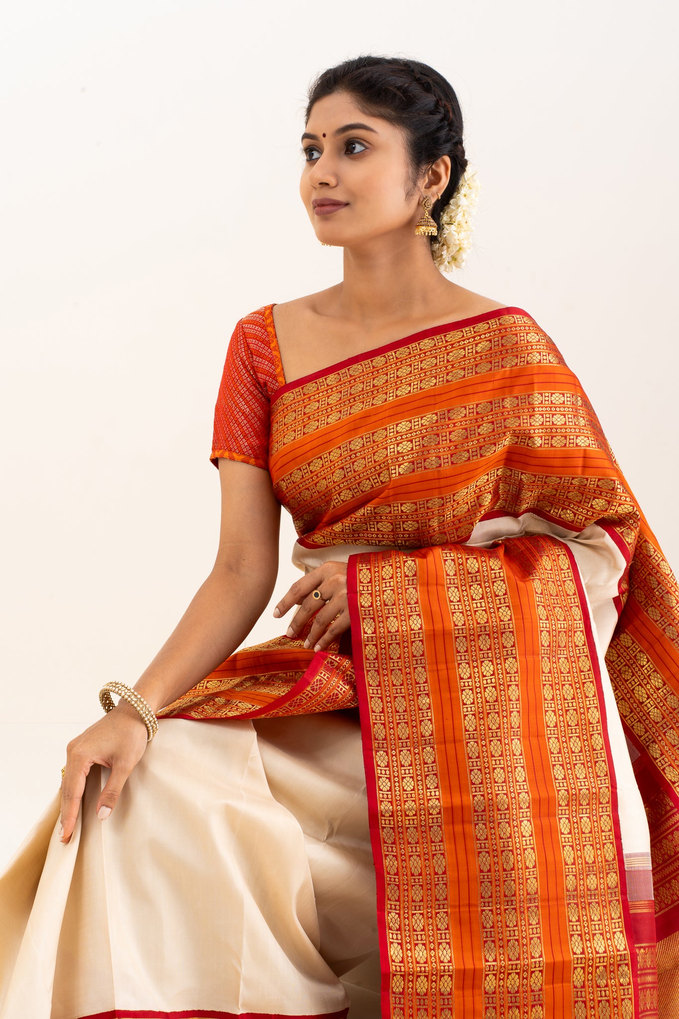 Champagne Cream and Rust Orange Pure Kanchipuram Silk Saree - Clio Silks