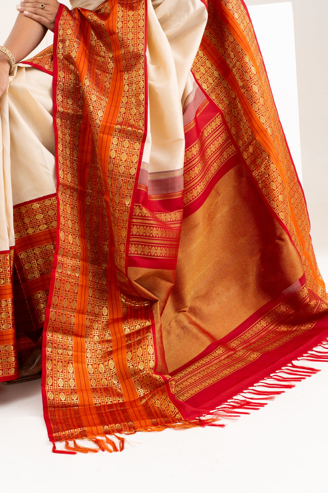 Champagne Cream and Rust Orange Pure Kanchipuram Silk Saree - Clio Silks