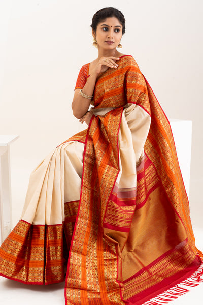 Champagne Cream and Rust Orange Pure Kanchipuram Silk Saree - Clio Silks