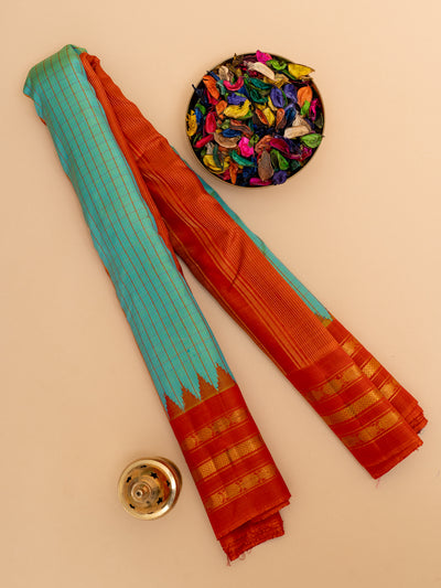 Turquoise blue and red pure Gadwal silk saree