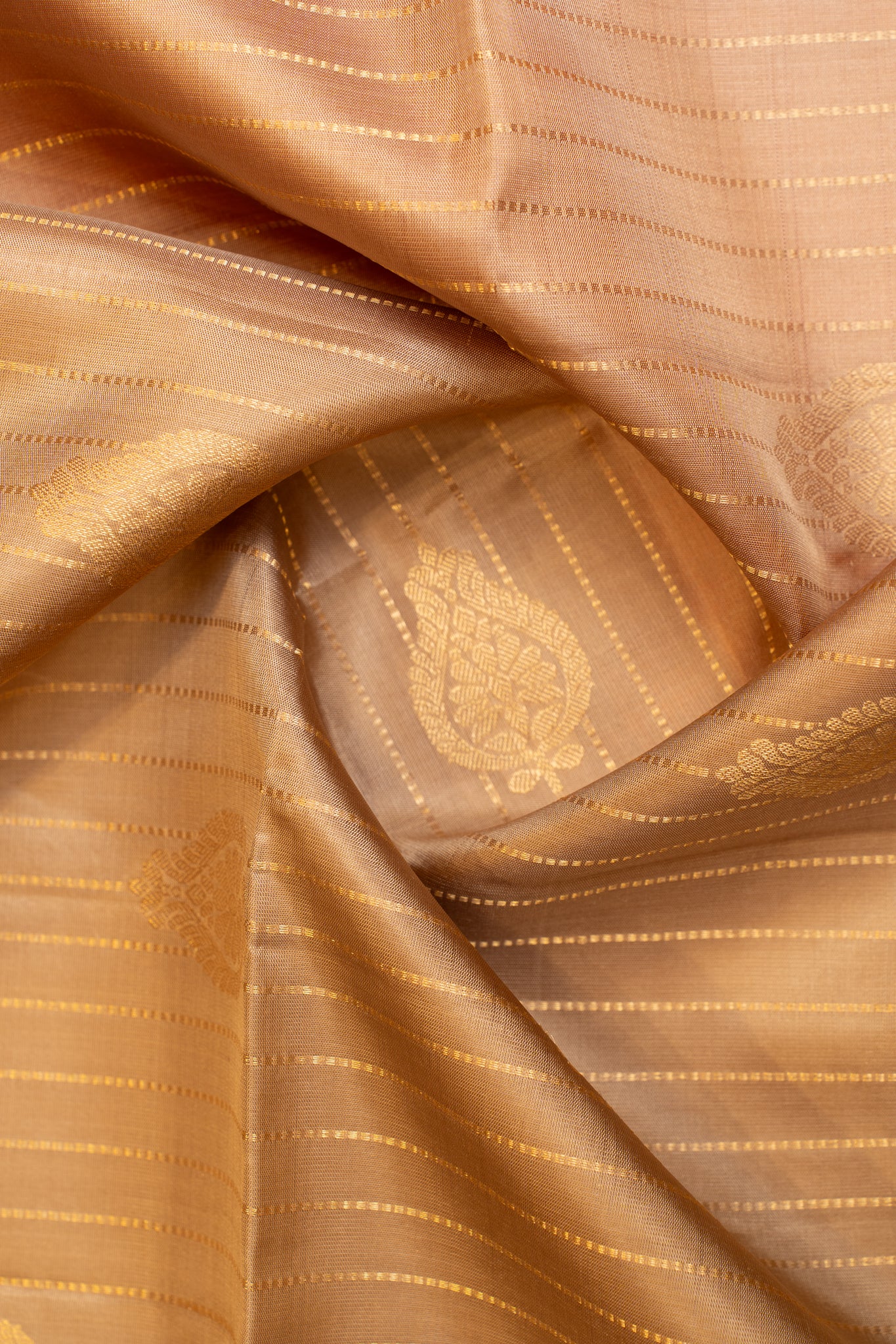 Khaki and peach stripes pure soft silk saree