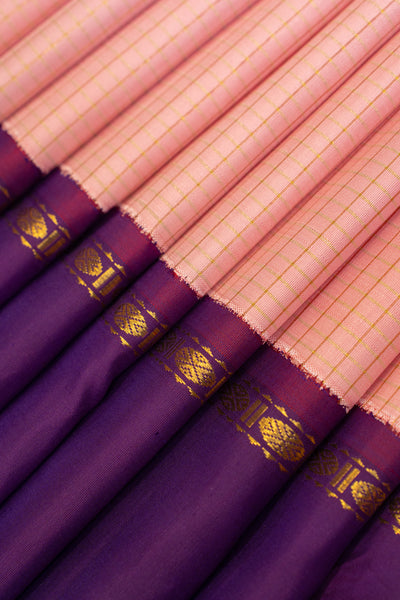 Blush pink and purple pure zari checks Kanchipuram silk saree