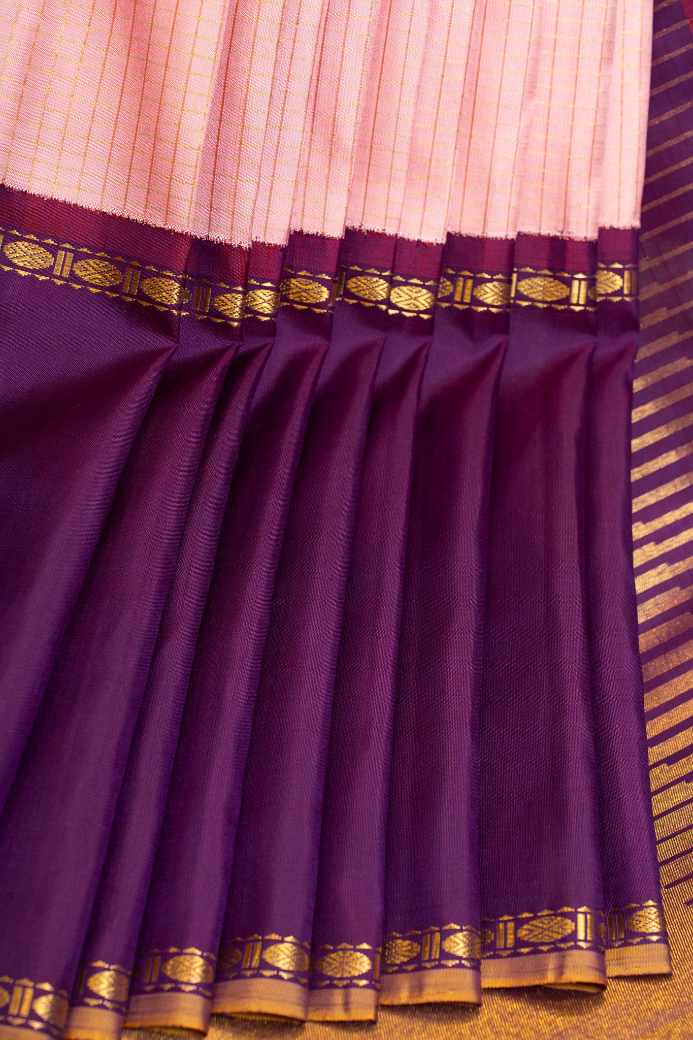 Blush pink and purple pure zari checks Kanchipuram silk saree