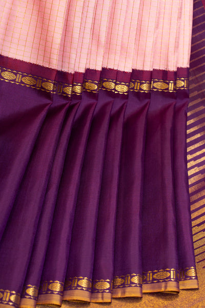 Blush pink and purple pure zari checks Kanchipuram silk saree