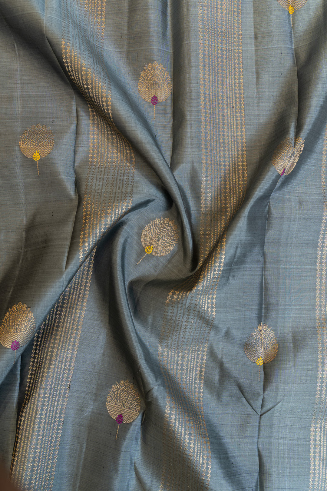 Grey ornamental zari stripes pure Kanchipuram silk saree