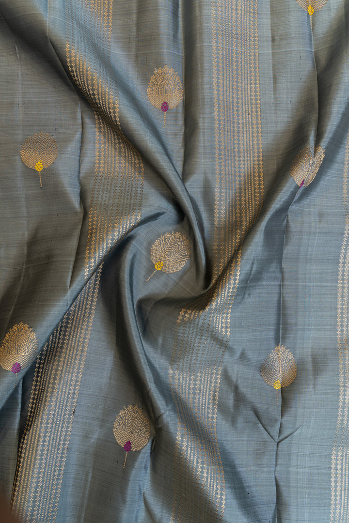 Grey ornamental zari stripes pure Kanchipuram silk saree