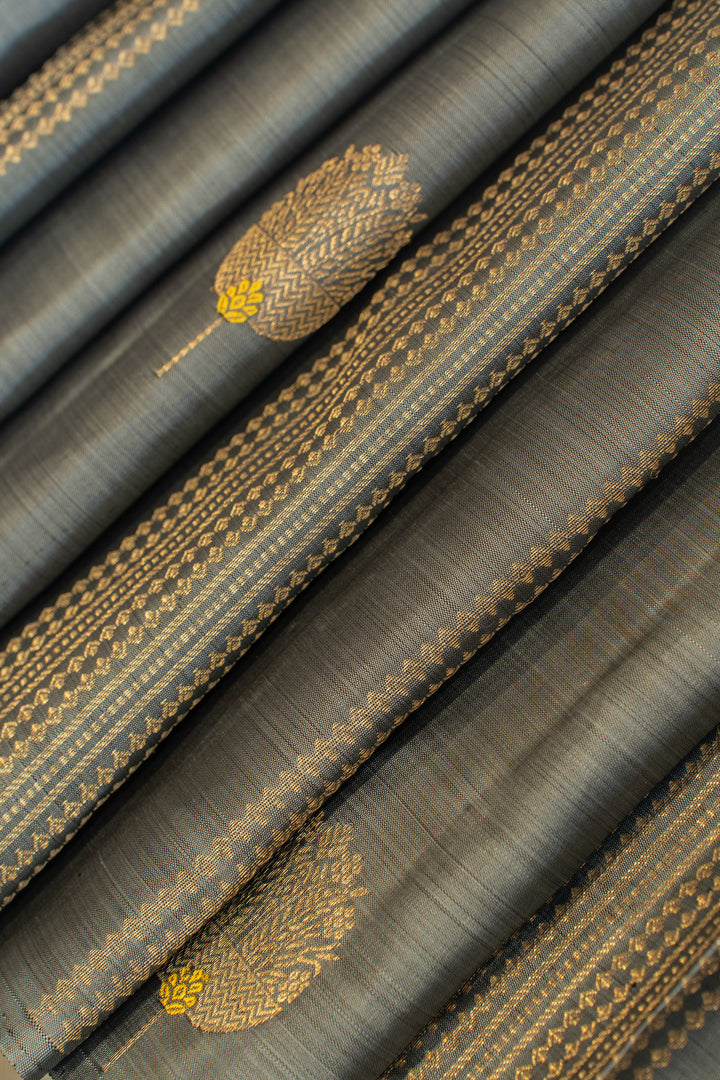 Grey ornamental zari stripes pure Kanchipuram silk saree