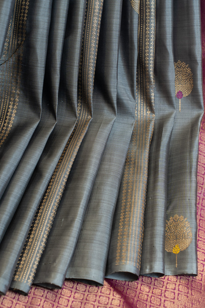 Grey ornamental zari stripes pure Kanchipuram silk saree