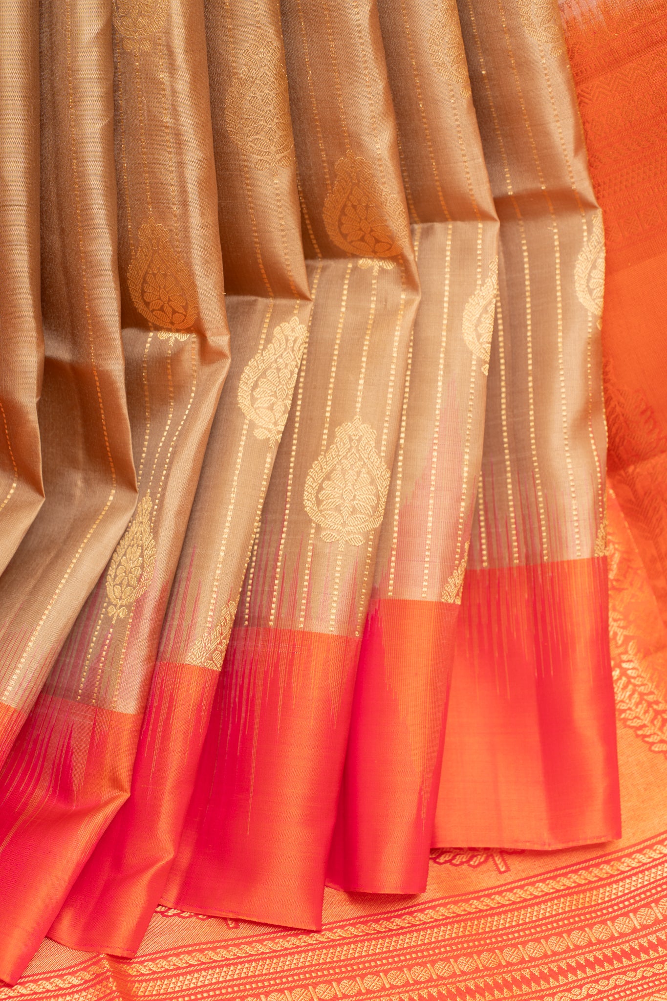 Khaki and peach stripes pure soft silk saree