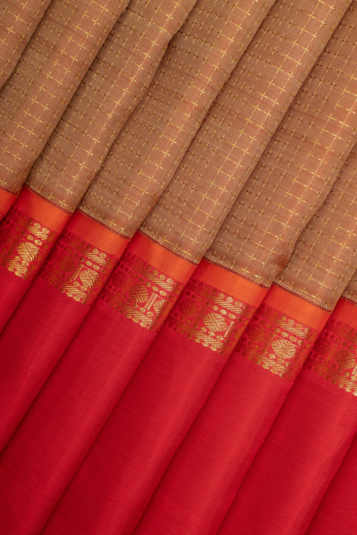 Khaki and Red Plus Butta Pure Kanchipuram Silk Saree