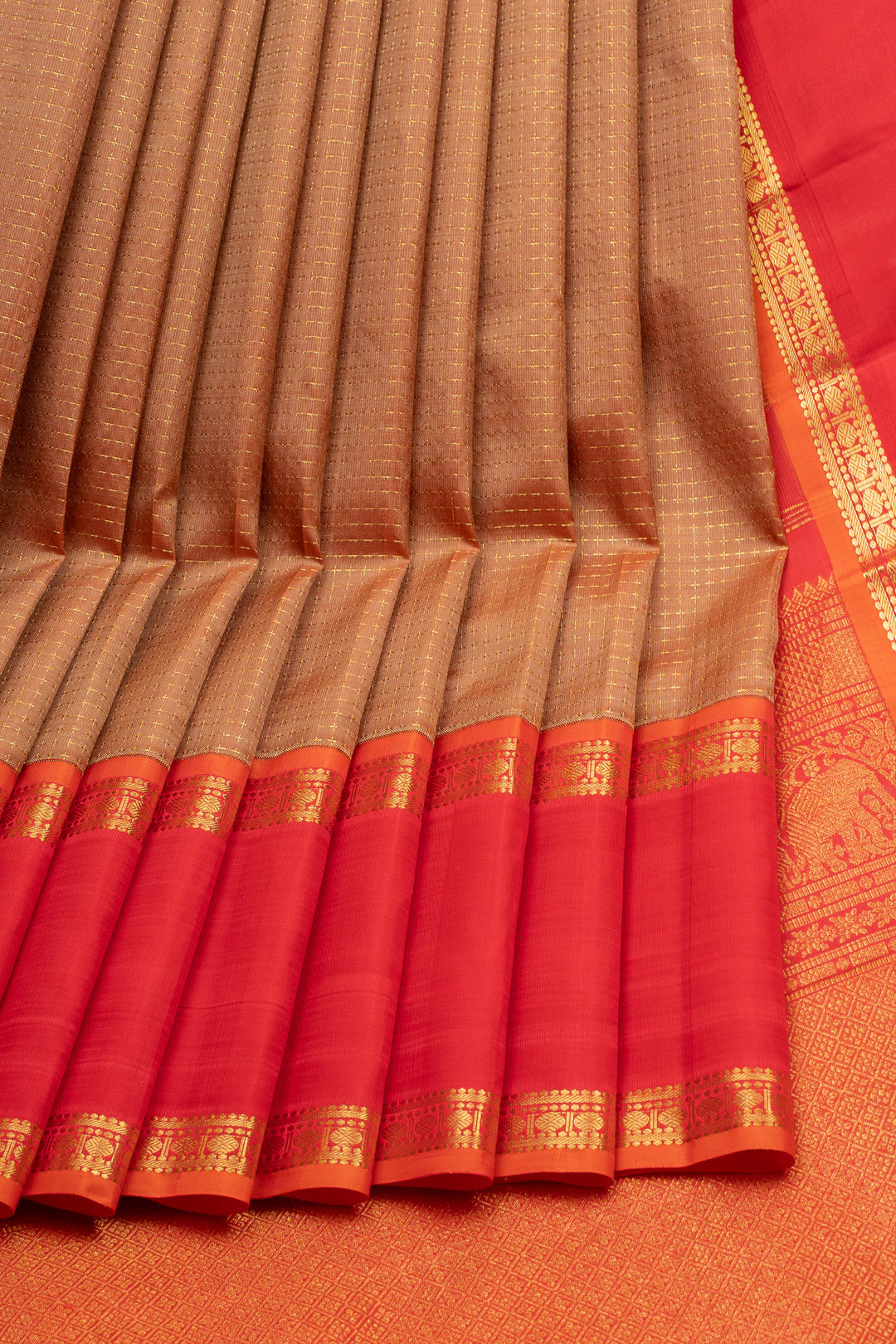 Khaki and Red Plus Butta Pure Kanchipuram Silk Saree