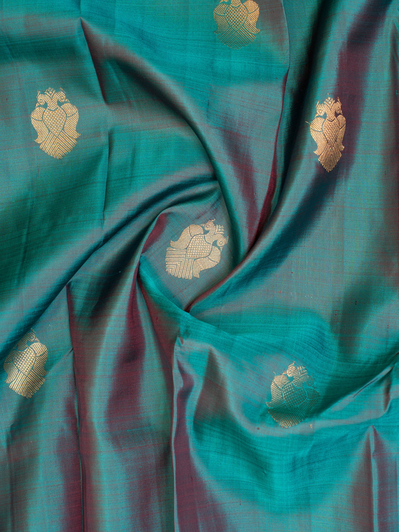 Peacock Blue and Maroon Iruthalaipakshi Pure Kanchipuram Silk Saree