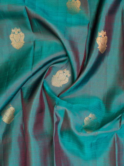 Peacock Blue and Maroon Iruthalaipakshi Pure Kanchipuram Silk Saree