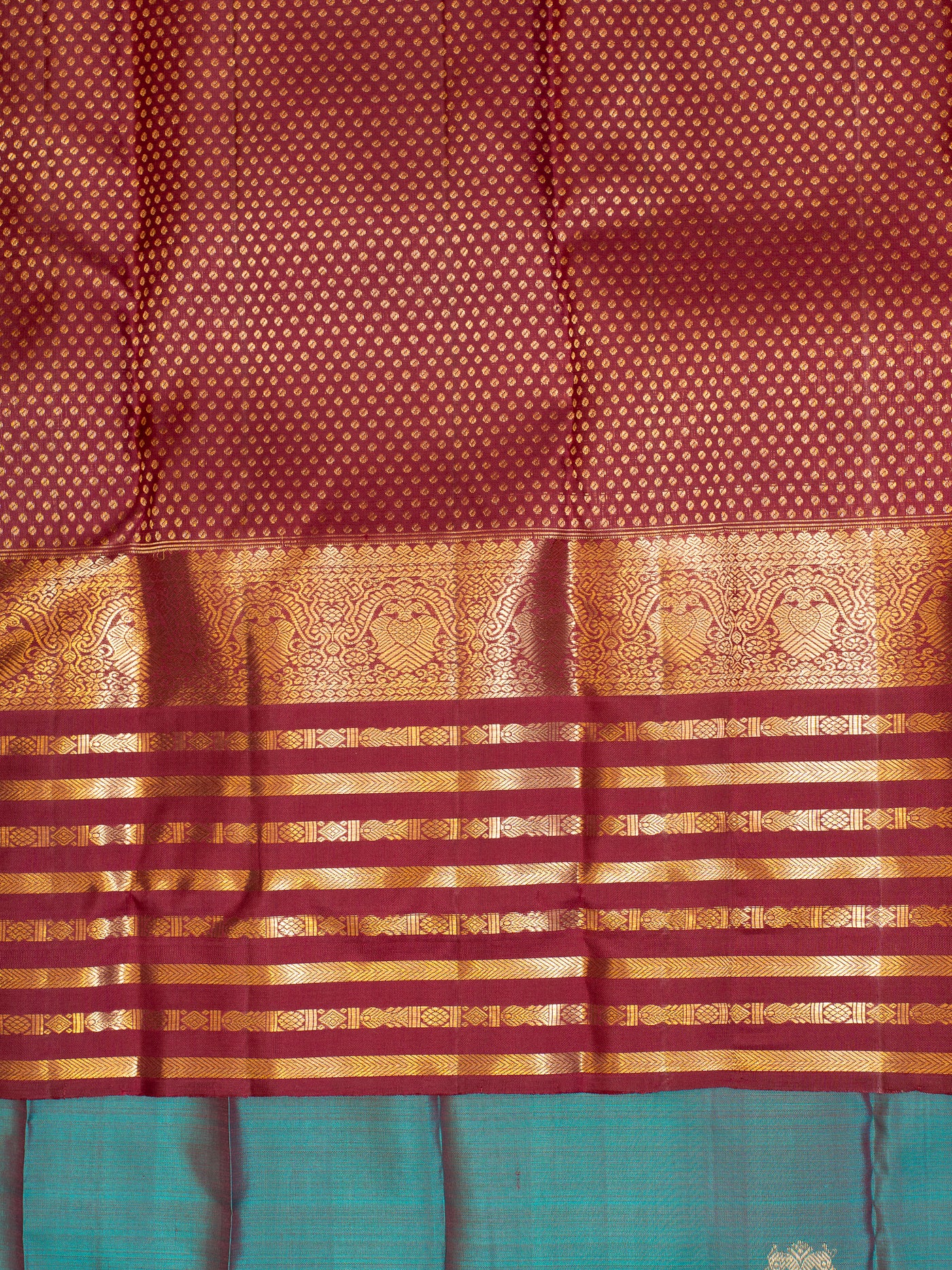 Peacock Blue and Maroon Iruthalaipakshi Pure Kanchipuram Silk Saree