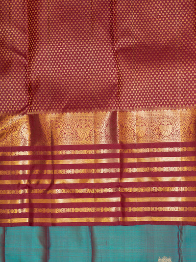 Peacock Blue and Maroon Iruthalaipakshi Pure Kanchipuram Silk Saree