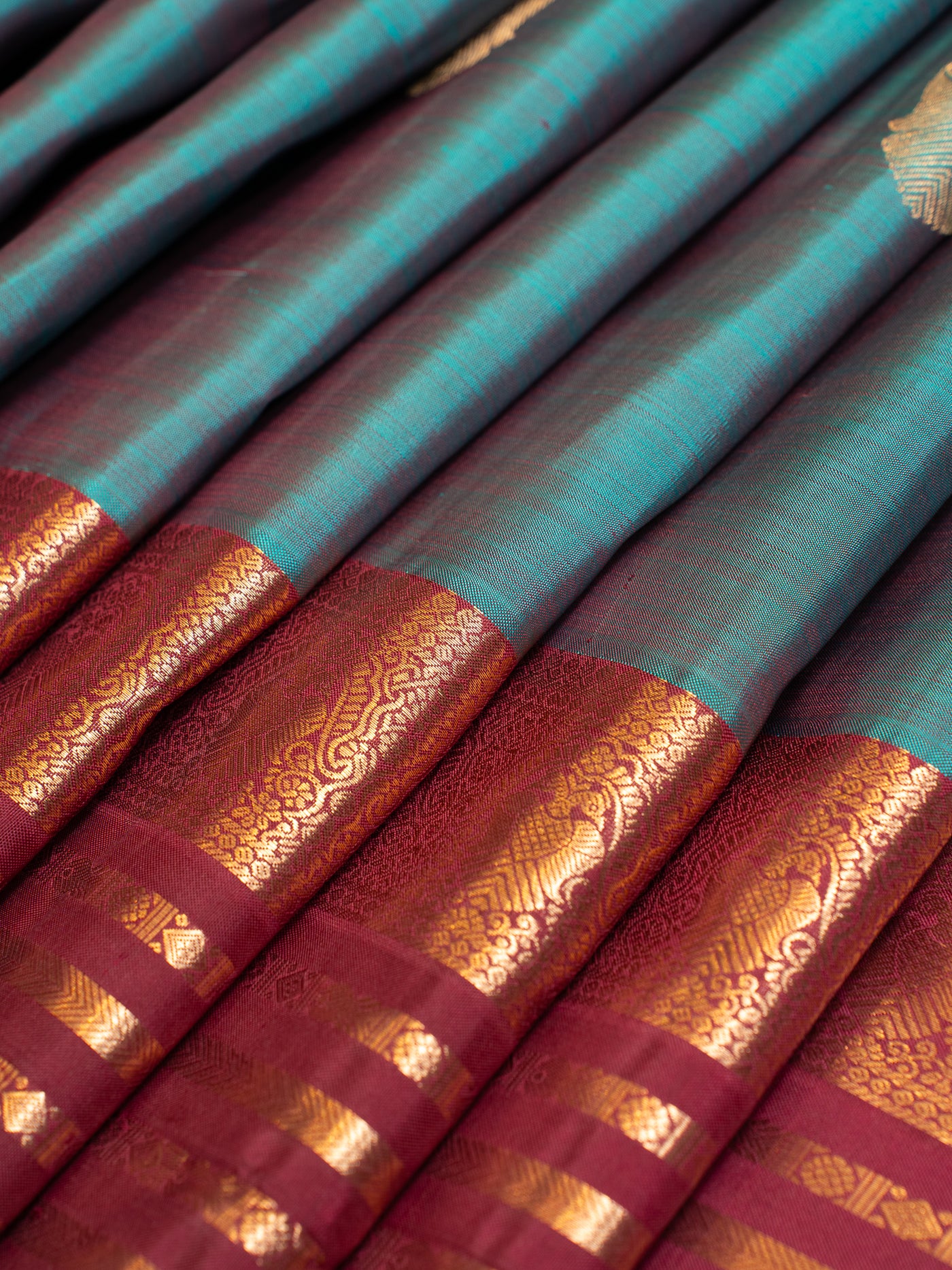 Peacock Blue and Maroon Iruthalaipakshi Pure Kanchipuram Silk Saree