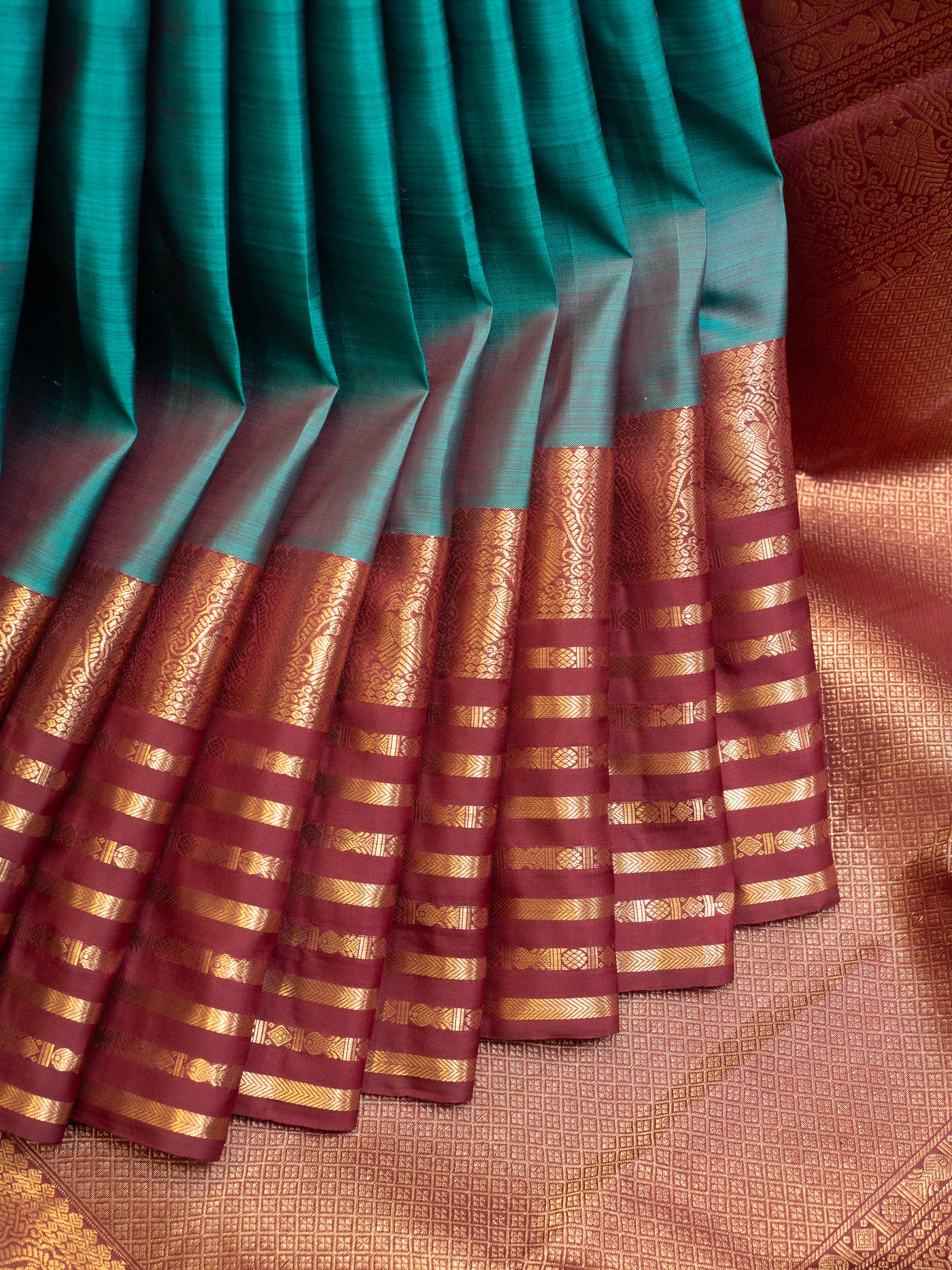 Peacock Blue and Maroon Iruthalaipakshi Pure Kanchipuram Silk Saree