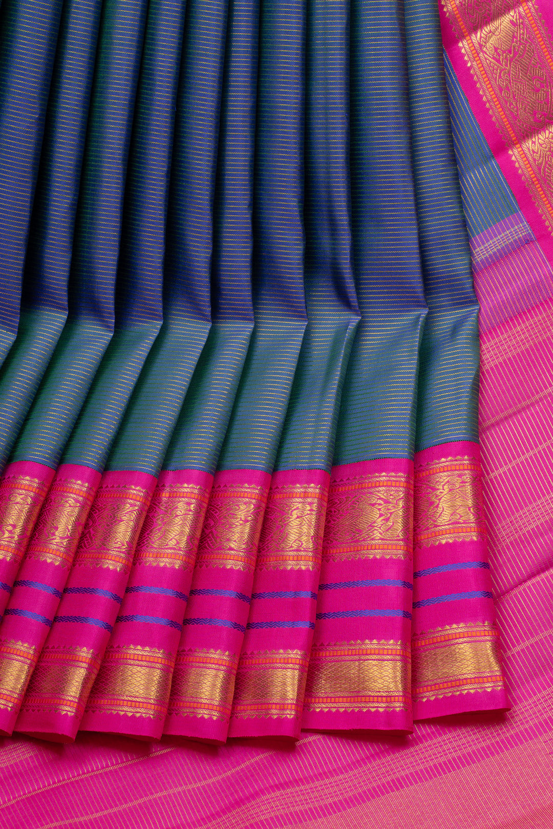 Peacock Blue and Magenta Vairaoosi Pure Kanchipuram Silk Saree