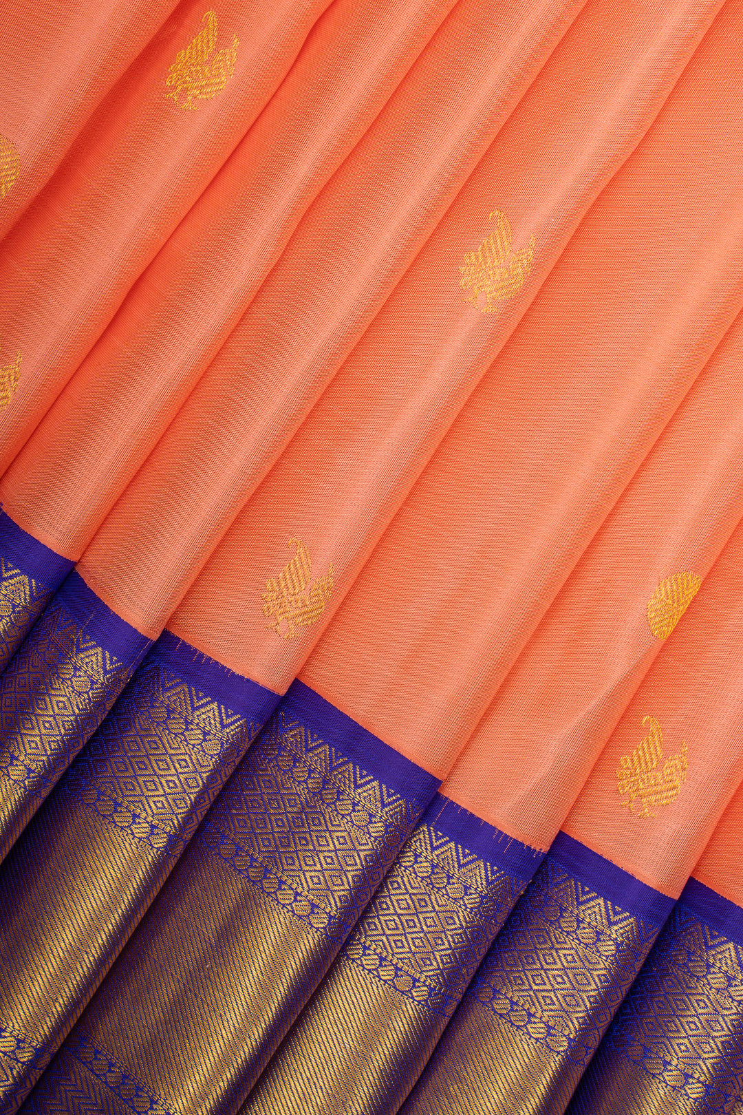 Coral Peach and Blue Traditional Pure Kanchipuram Silk Saree