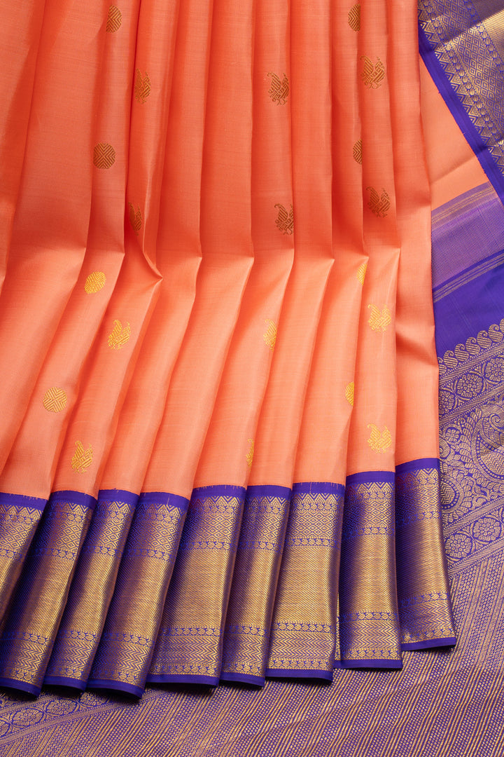 Coral Peach and Blue Traditional Pure Kanchipuram Silk Saree