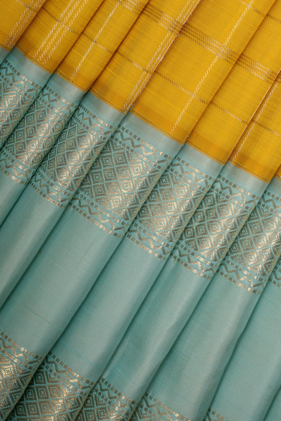 Mustard and Pastel Blue Zari Checks Pure Kanchipuram Silk Saree