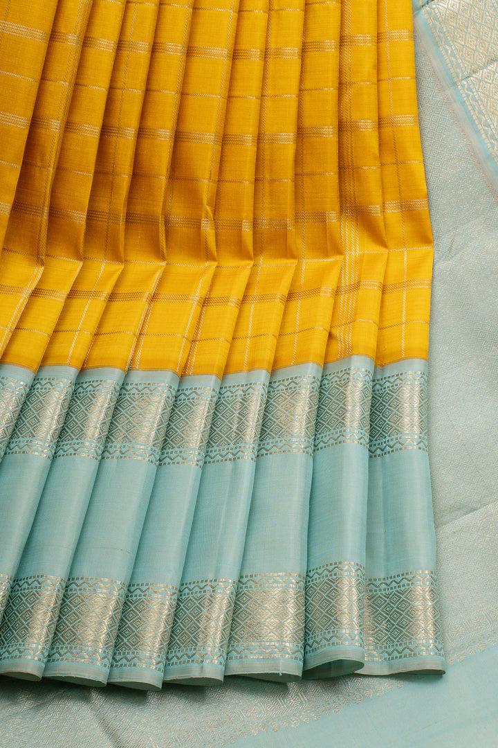 Mustard and Pastel Blue Zari Checks Pure Kanchipuram Silk Saree