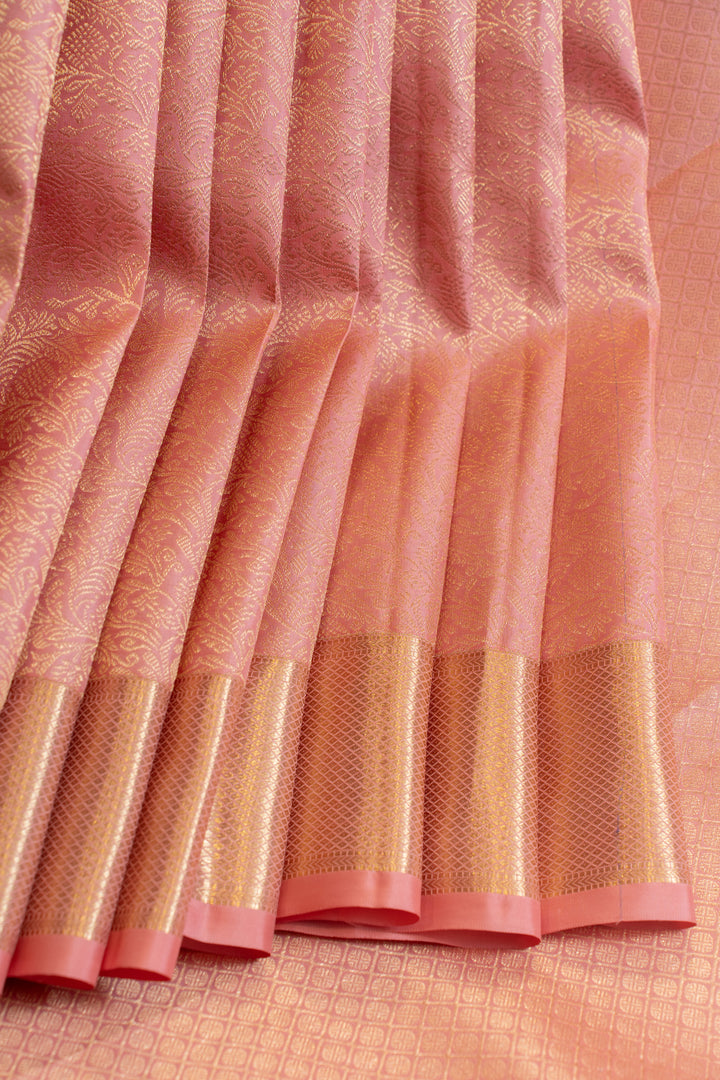 Peach pink floral brocade pure Kanchipuram silk saree