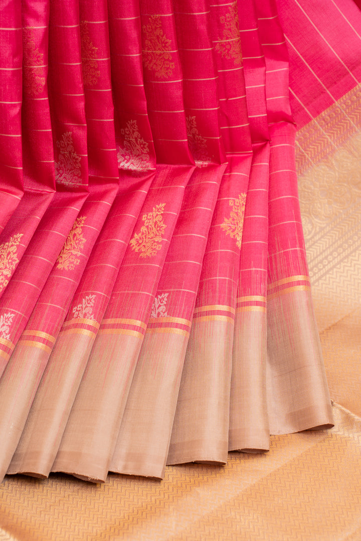 Magenta pink stripes and buttis pure soft silk saree