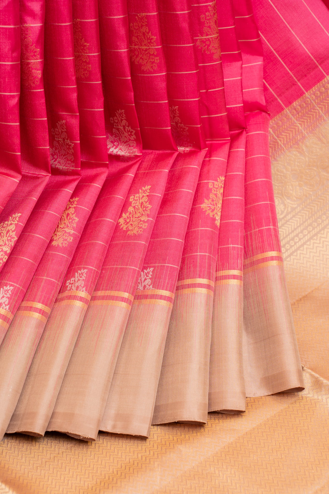 Magenta pink stripes and buttis pure soft silk saree