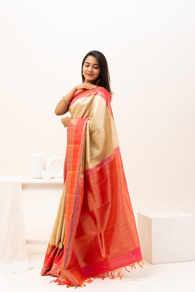 Ivory and Peach Pure Zari Kanchipuram Silk Saree - Clio Silks