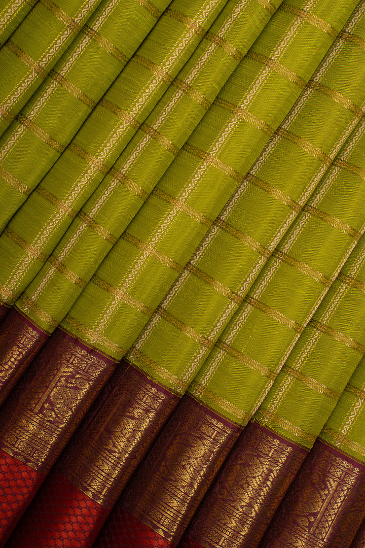 Bottle Green Zari Checks Pure Kanchipuram Silk Saree
