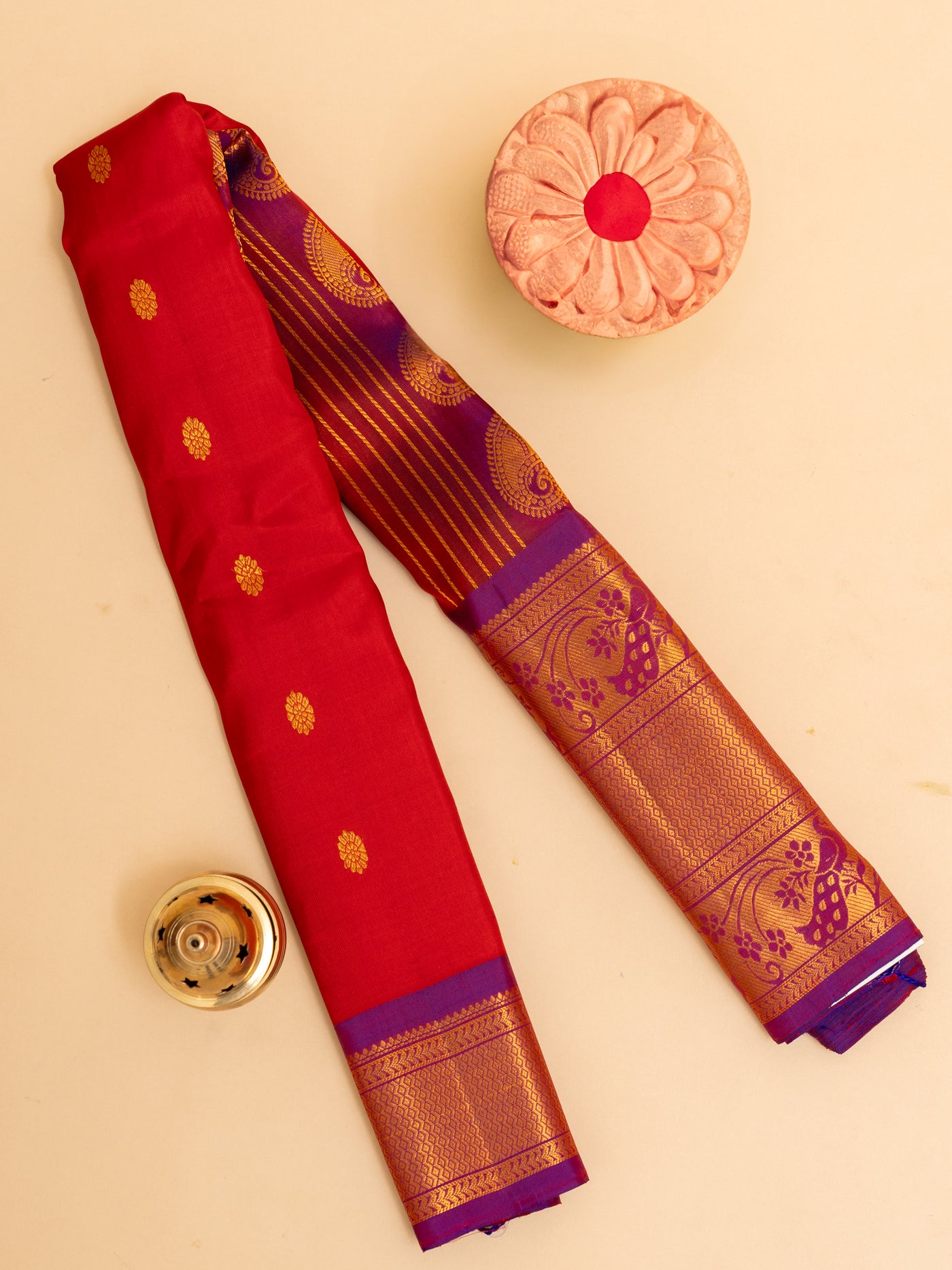 Red and purple pure Gadwal silk saree