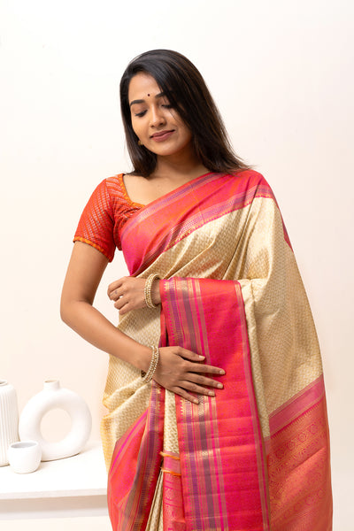 Ivory and Peach Pure Zari Kanchipuram Silk Saree - Clio Silks