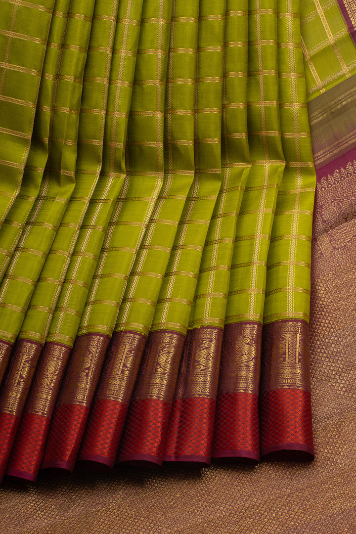 Bottle Green Zari Checks Pure Kanchipuram Silk Saree