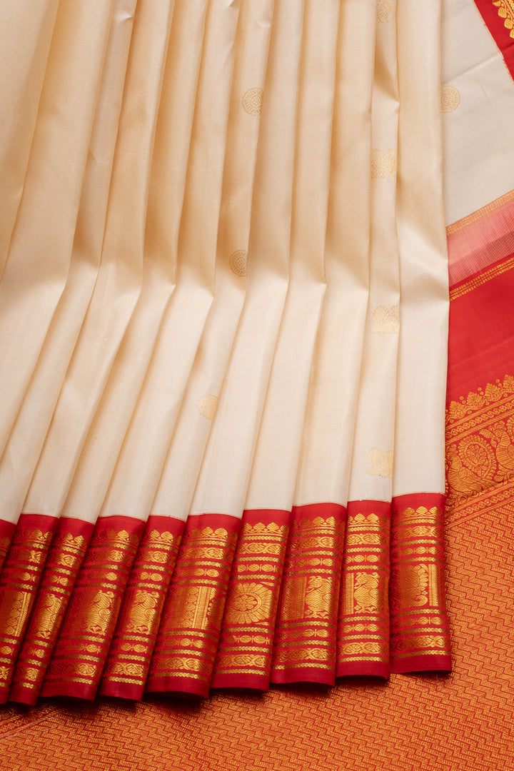 Pearl White and Rust Orange Pure Kanchipuram Silk Saree