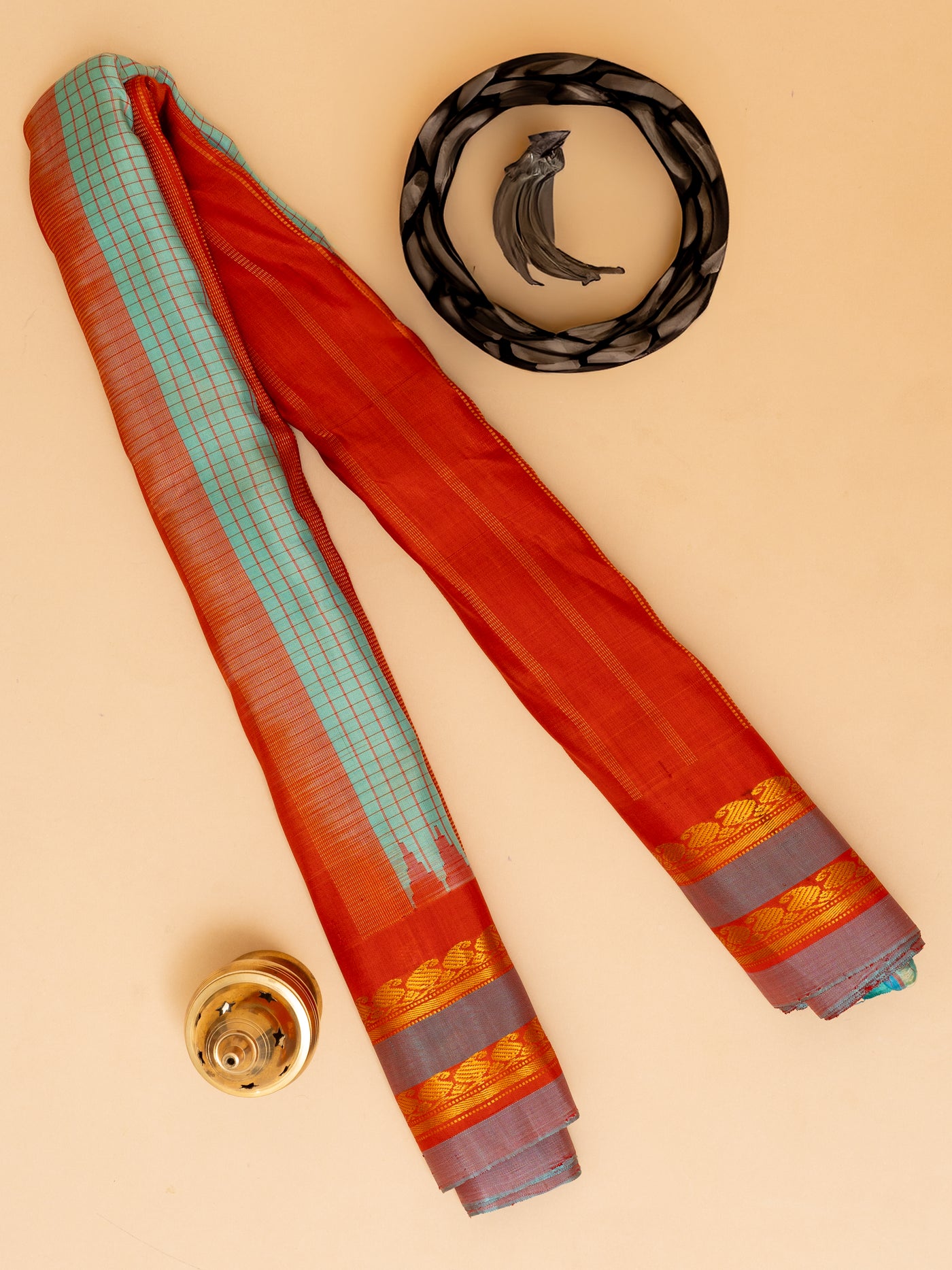 Turquoise blue and red pure Gadwal silk saree