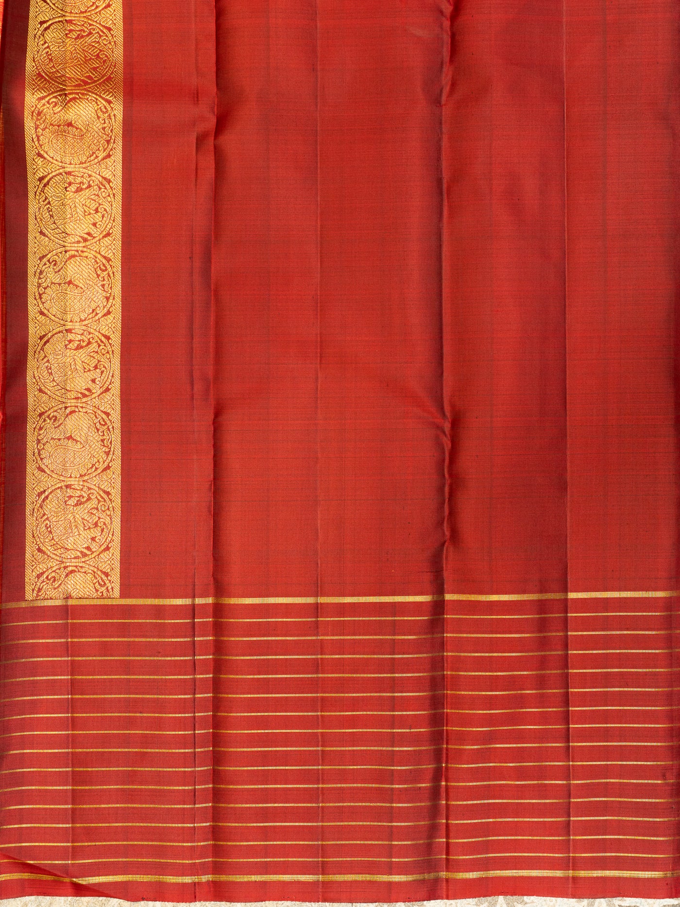 Mehendi Green and Red Stripes Border Pure Kanchipuram Silk Saree